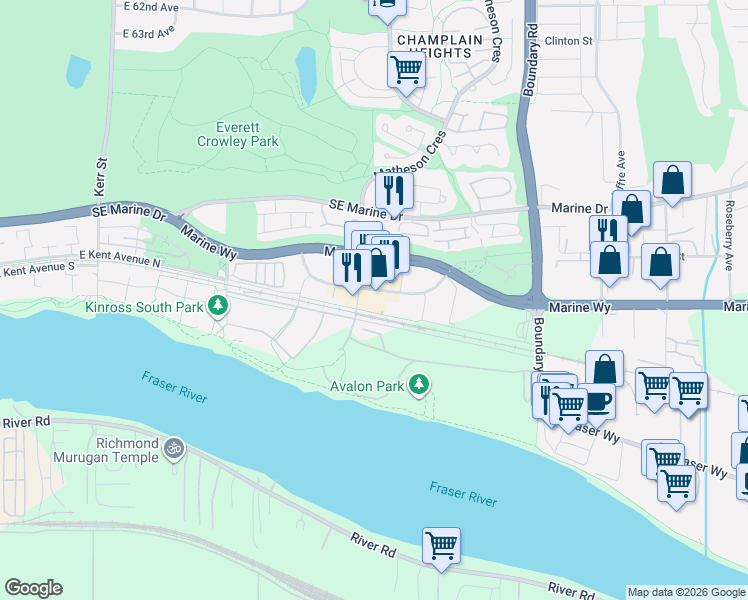 map of restaurants, bars, coffee shops, grocery stores, and more near 8580 River District Crossing in Vancouver