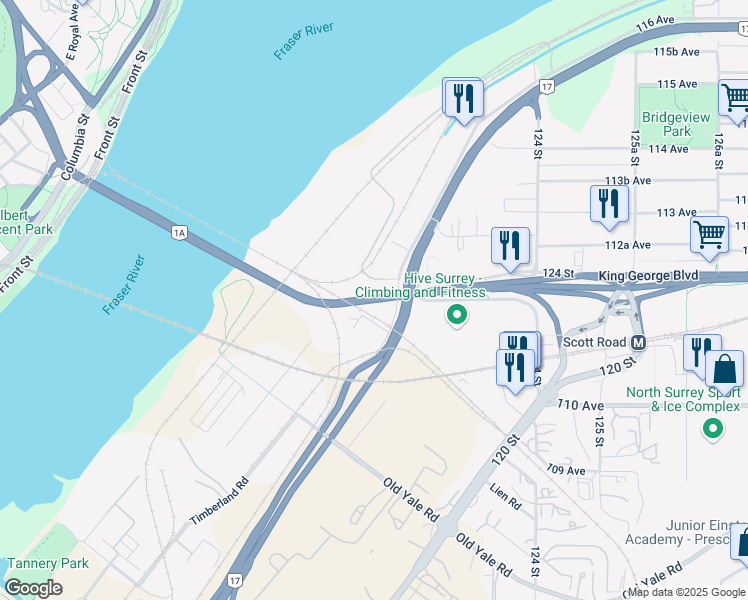map of restaurants, bars, coffee shops, grocery stores, and more near Pattullo Bridge in Surrey