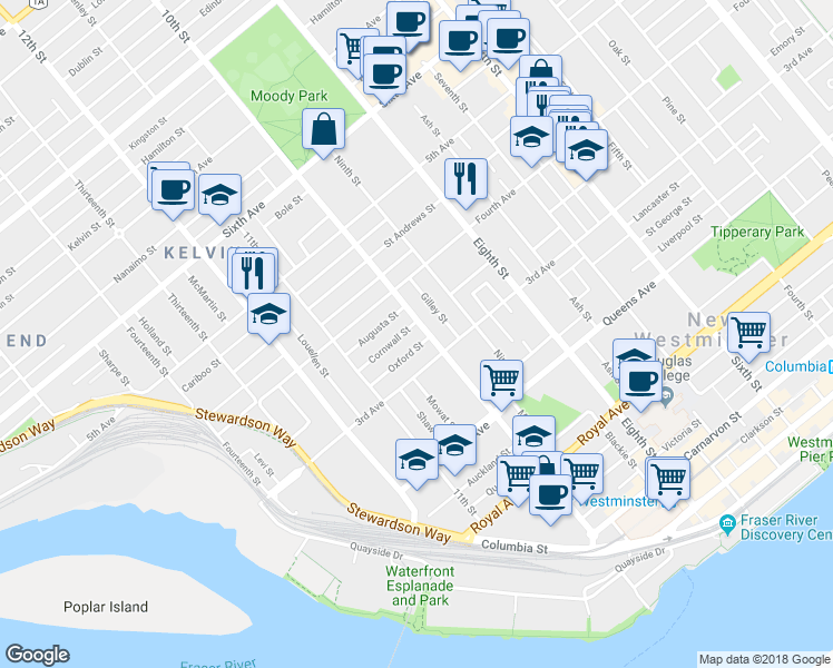 map of restaurants, bars, coffee shops, grocery stores, and more near 321 10th Street in New Westminster