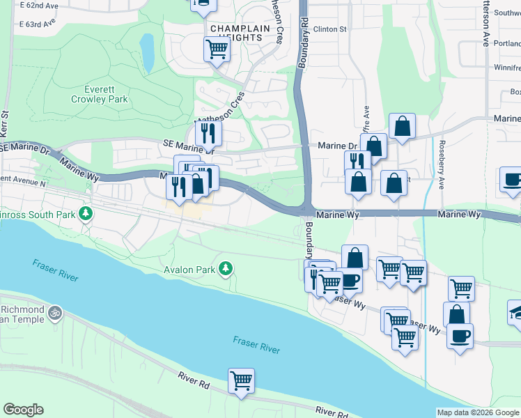 map of restaurants, bars, coffee shops, grocery stores, and more near 3588 East Sawmill Crescent in Burnaby