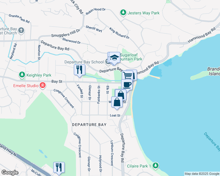 map of restaurants, bars, coffee shops, grocery stores, and more near 2870 Elk Street in Nanaimo