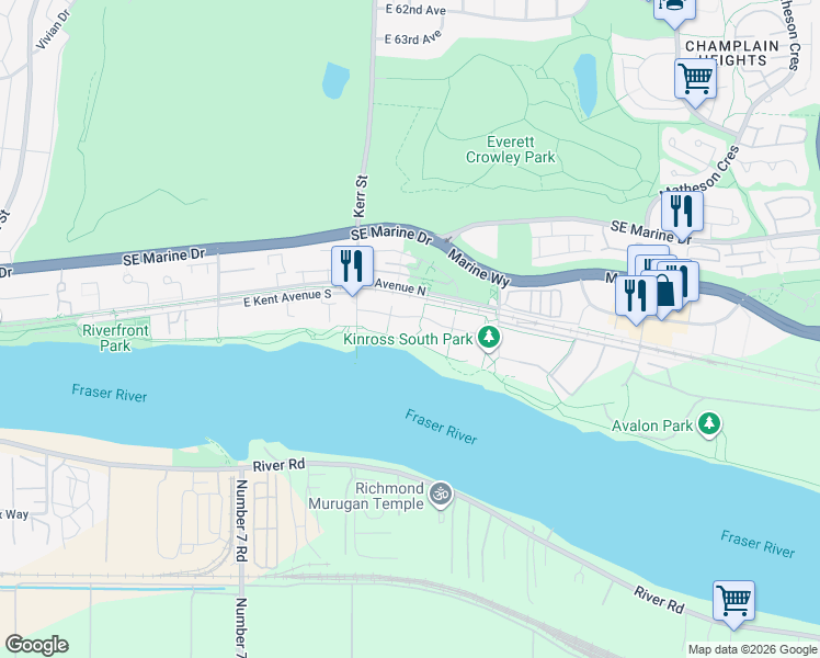 map of restaurants, bars, coffee shops, grocery stores, and more near 3168 Riverwalk Avenue in Vancouver