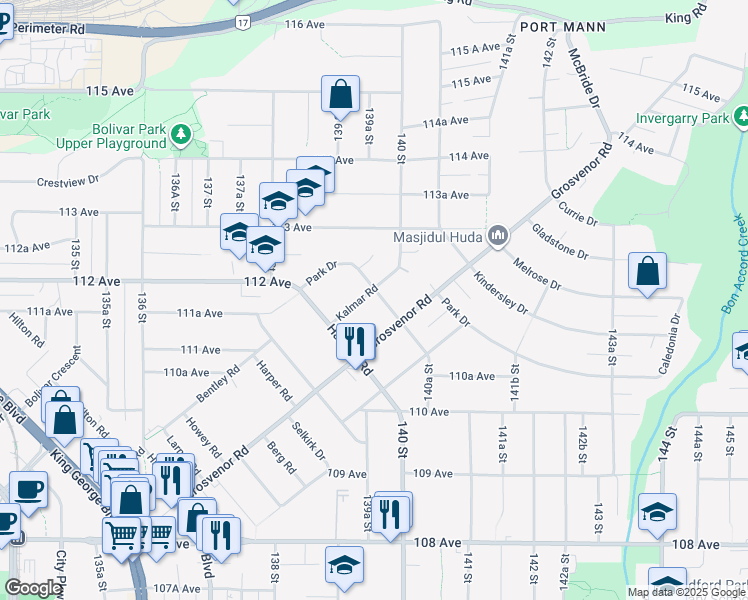 map of restaurants, bars, coffee shops, grocery stores, and more near 13950 Kalmar Road in Surrey