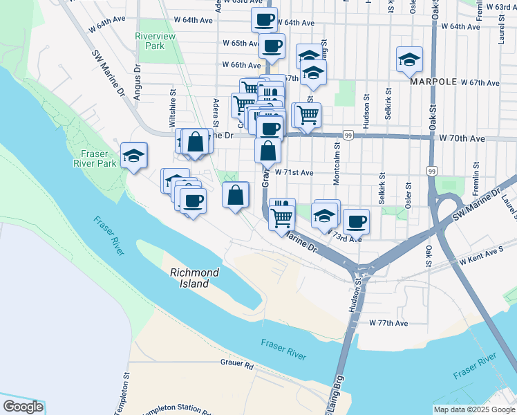 map of restaurants, bars, coffee shops, grocery stores, and more near in Vancouver
