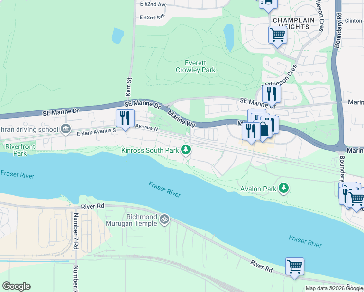 map of restaurants, bars, coffee shops, grocery stores, and more near 3289 Riverwalk Avenue in Vancouver