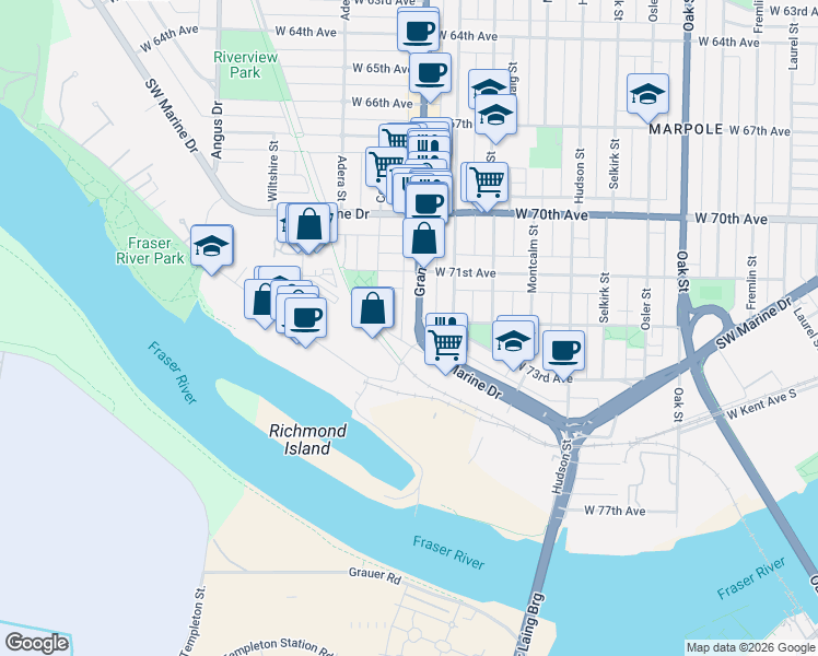 map of restaurants, bars, coffee shops, grocery stores, and more near 8851 Granville Street in Vancouver