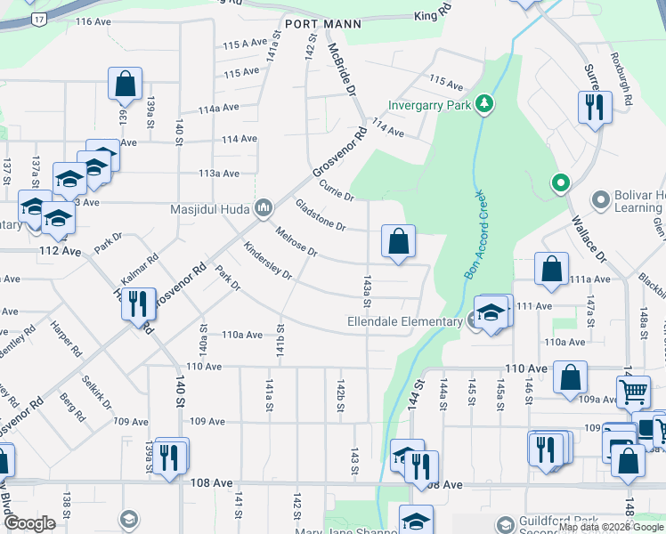 map of restaurants, bars, coffee shops, grocery stores, and more near 14266 Melrose Drive in Surrey