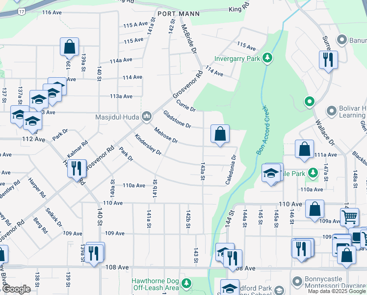 map of restaurants, bars, coffee shops, grocery stores, and more near 14266 Melrose Drive in Surrey