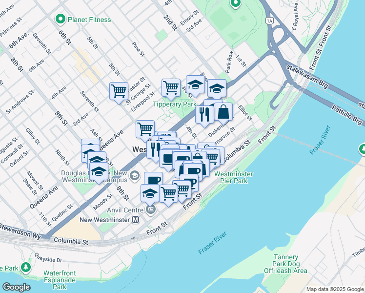 map of restaurants, bars, coffee shops, grocery stores, and more near Agnes Street in New Westminster