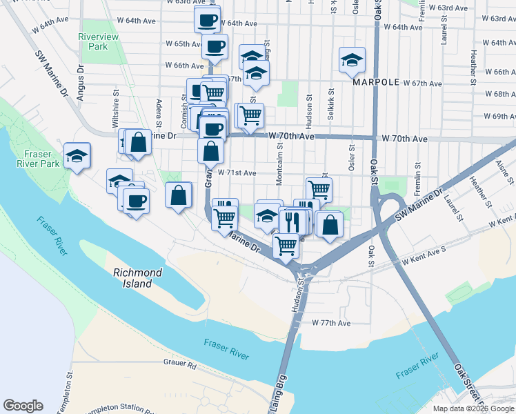 map of restaurants, bars, coffee shops, grocery stores, and more near 8775 Cartier Street in Vancouver