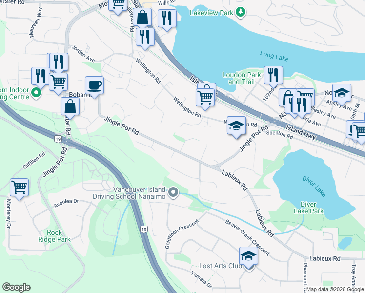 map of restaurants, bars, coffee shops, grocery stores, and more near Yon Place in Nanaimo
