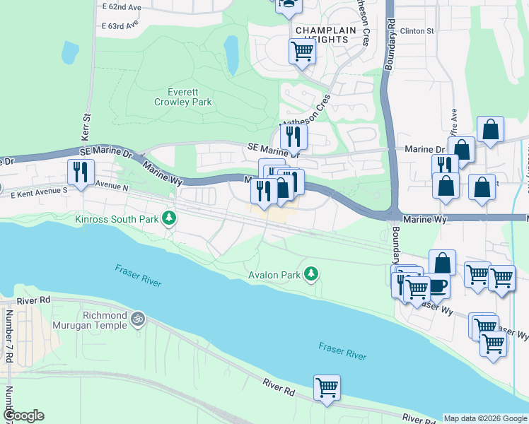 map of restaurants, bars, coffee shops, grocery stores, and more near 3488 West Sawmill Crescent in Vancouver