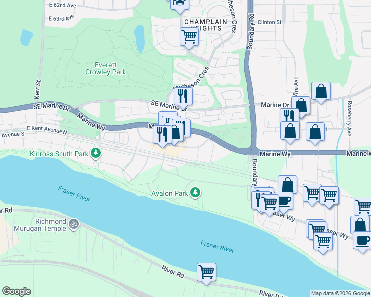map of restaurants, bars, coffee shops, grocery stores, and more near 3544 East Sawmill Crescent in Vancouver
