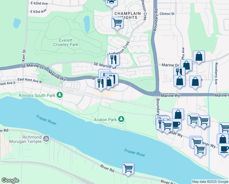 map of restaurants, bars, coffee shops, grocery stores, and more near 3538 Sawmill Crescent in Vancouver