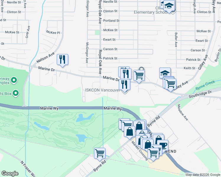 map of restaurants, bars, coffee shops, grocery stores, and more near 8678 Royal Oak Avenue in Burnaby