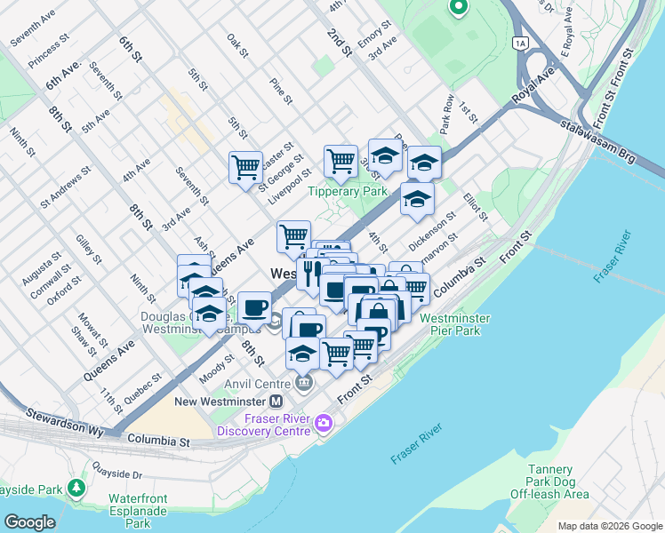 map of restaurants, bars, coffee shops, grocery stores, and more near in New Westminster
