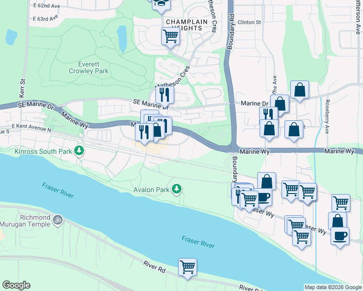 map of restaurants, bars, coffee shops, grocery stores, and more near 3564 East Sawmill Crescent in Vancouver