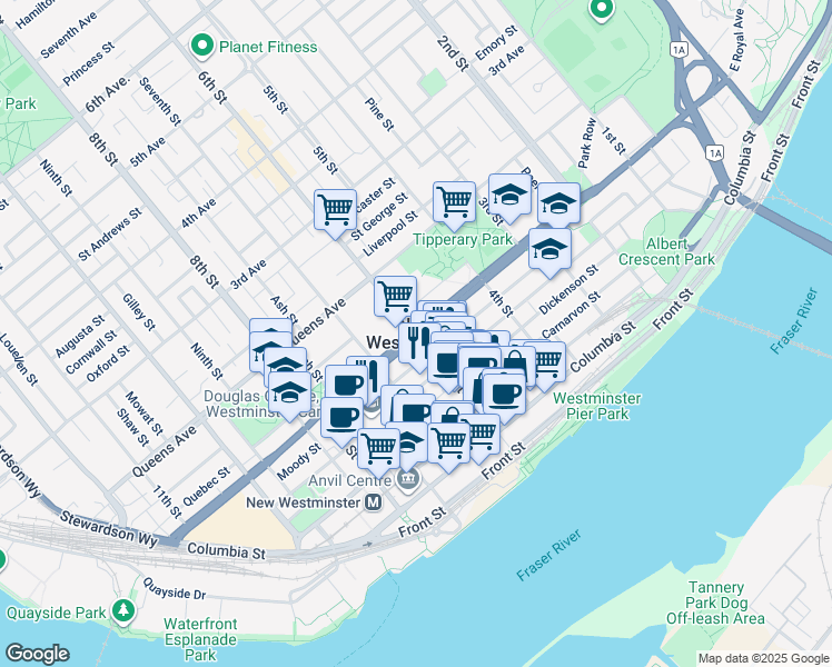 map of restaurants, bars, coffee shops, grocery stores, and more near in New Westminster