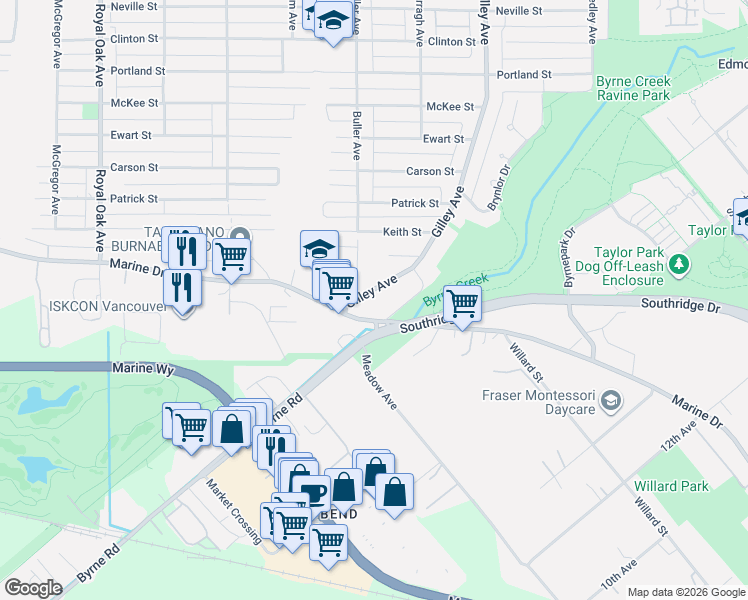 map of restaurants, bars, coffee shops, grocery stores, and more near 8656 Gilley Avenue in Burnaby