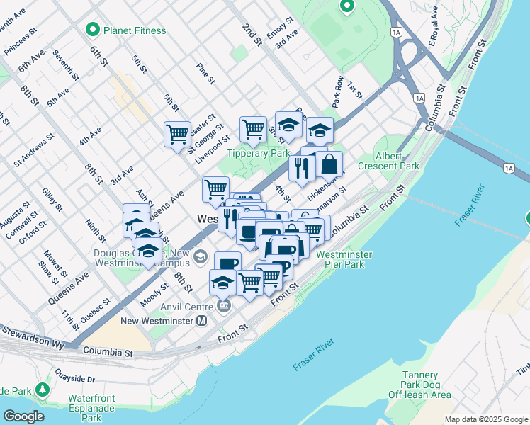 map of restaurants, bars, coffee shops, grocery stores, and more near 423 Agnes Street in New Westminster