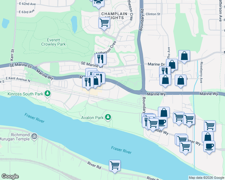 map of restaurants, bars, coffee shops, grocery stores, and more near 8508 Rivergrass Drive in Vancouver