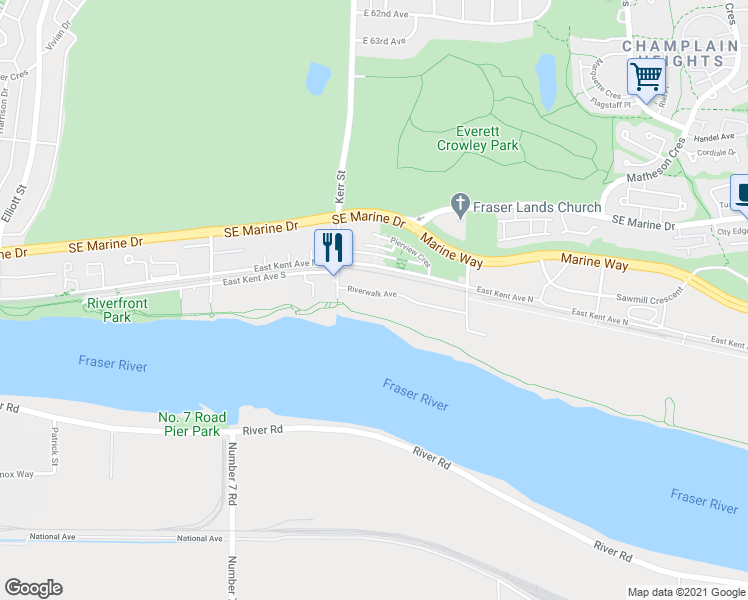 map of restaurants, bars, coffee shops, grocery stores, and more near 203-3289 Riverwalk Avenue in Vancouver