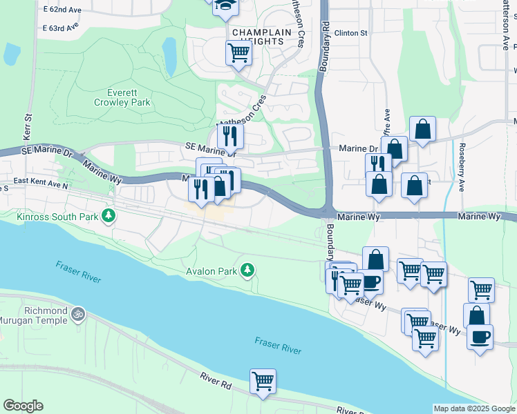 map of restaurants, bars, coffee shops, grocery stores, and more near 3570 East Sawmill Crescent in Vancouver