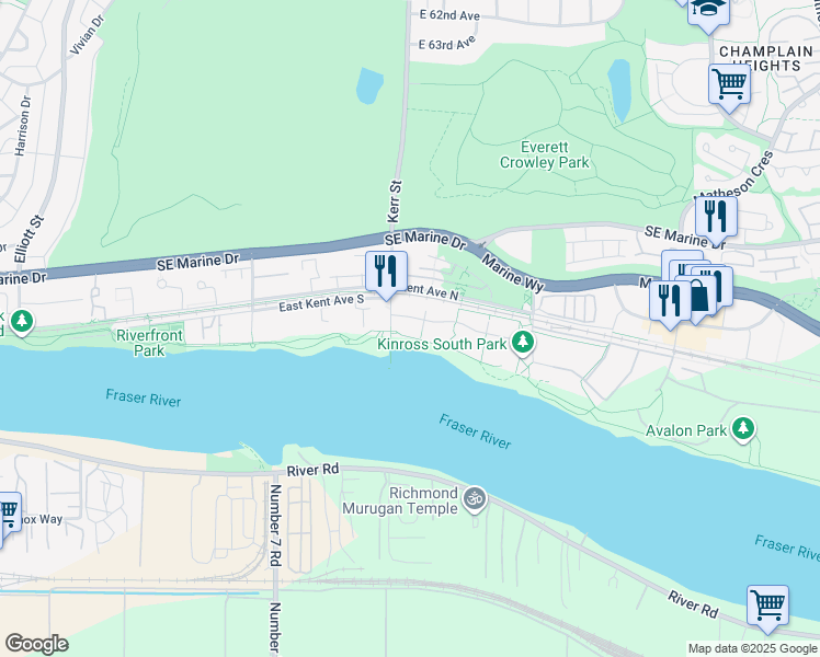 map of restaurants, bars, coffee shops, grocery stores, and more near 3138 Riverwalk Avenue in Vancouver