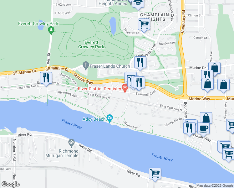 map of restaurants, bars, coffee shops, grocery stores, and more near 3451 Sawmill Crescent in Vancouver