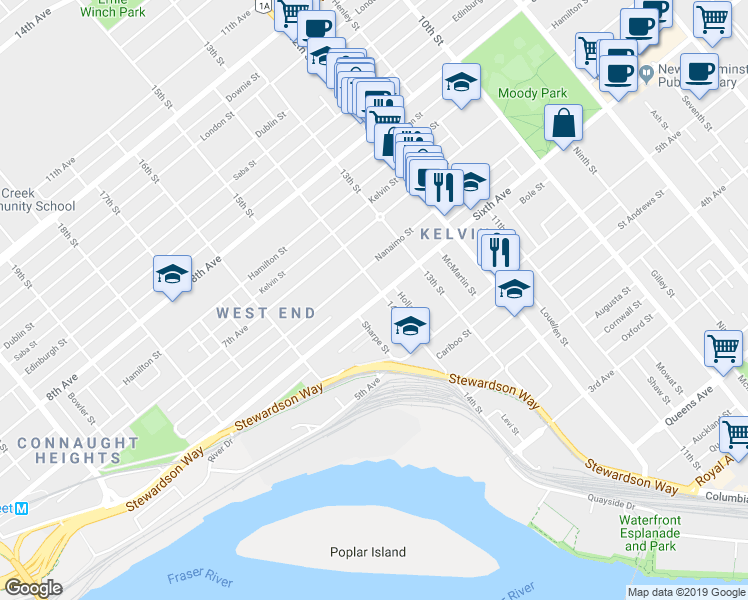 map of restaurants, bars, coffee shops, grocery stores, and more near 1407 Sixth Avenue in New Westminster