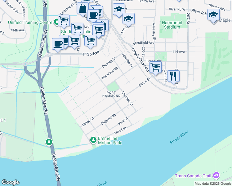 map of restaurants, bars, coffee shops, grocery stores, and more near in Maple Ridge