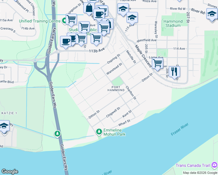map of restaurants, bars, coffee shops, grocery stores, and more near 11185 Princess Street in Maple Ridge