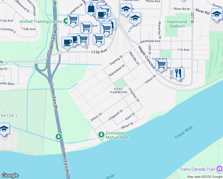 map of restaurants, bars, coffee shops, grocery stores, and more near 20234 Lorne Avenue in Maple Ridge