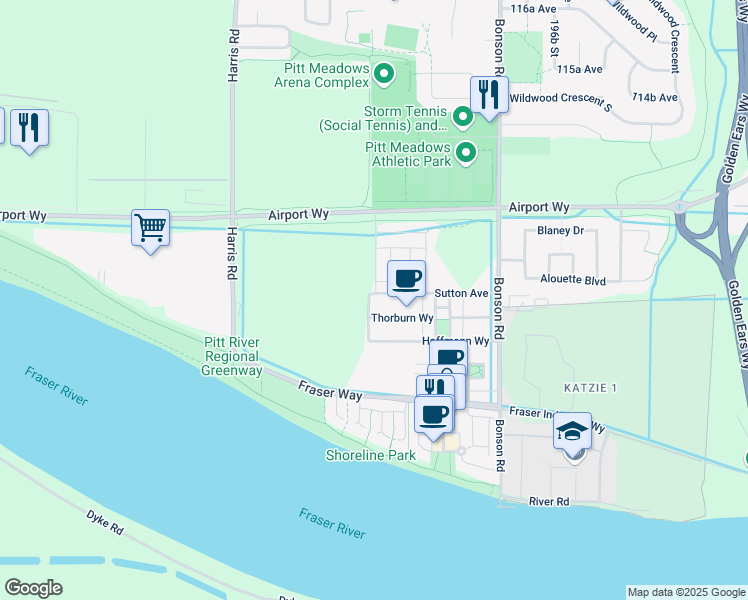 map of restaurants, bars, coffee shops, grocery stores, and more near 19426 Sutton Avenue in Pitt Meadows
