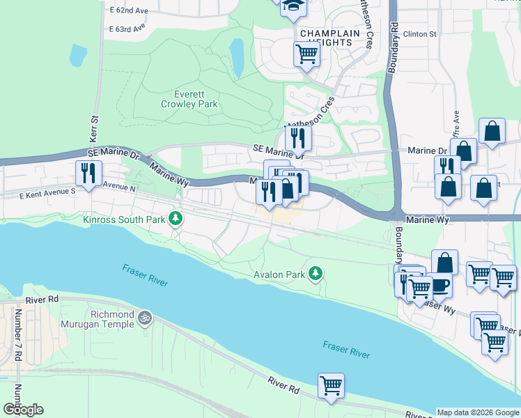 map of restaurants, bars, coffee shops, grocery stores, and more near in Vancouver