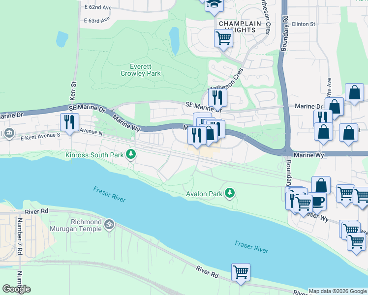 map of restaurants, bars, coffee shops, grocery stores, and more near 3438 Sawmill Crescent in Vancouver