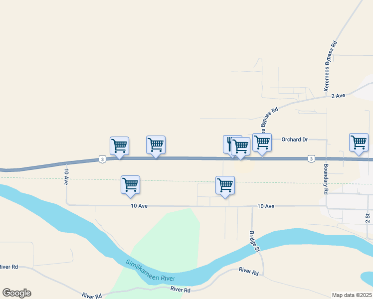 map of restaurants, bars, coffee shops, grocery stores, and more near 3098 Highway 3 in Keremeos