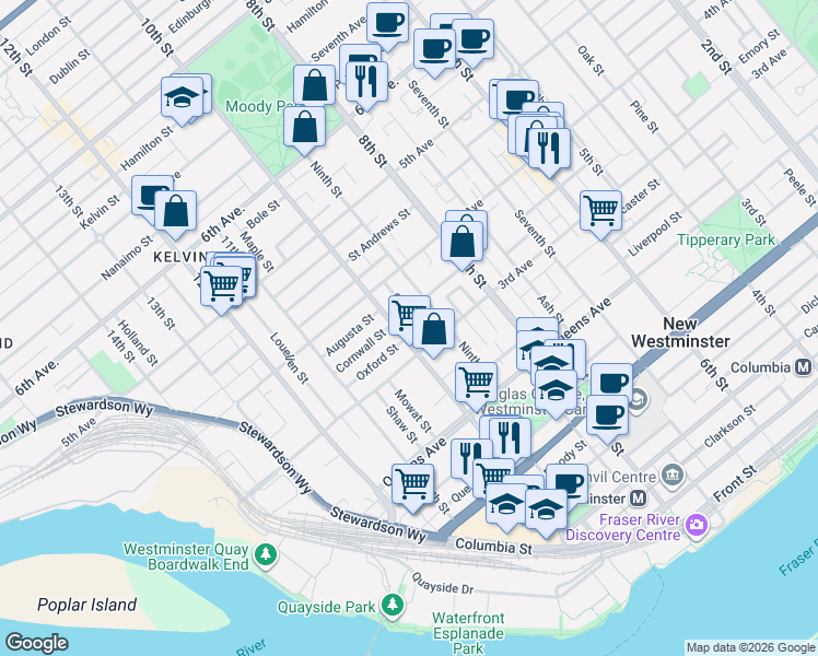 map of restaurants, bars, coffee shops, grocery stores, and more near in New Westminster