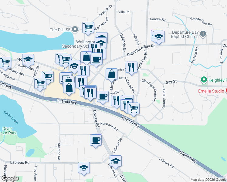 map of restaurants, bars, coffee shops, grocery stores, and more near 2446 Divot Drive in Nanaimo