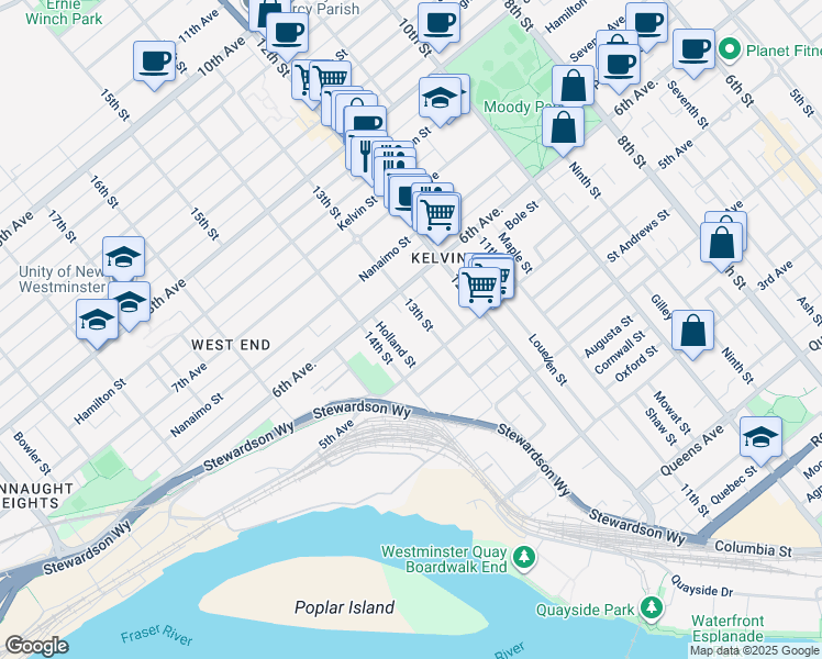 map of restaurants, bars, coffee shops, grocery stores, and more near 518 13th Street in New Westminster