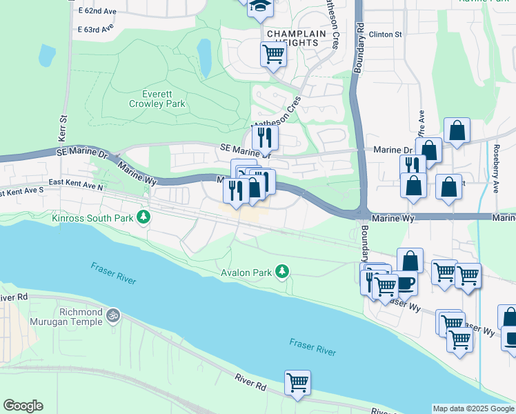 map of restaurants, bars, coffee shops, grocery stores, and more near 3538 East Sawmill Crescent in Vancouver