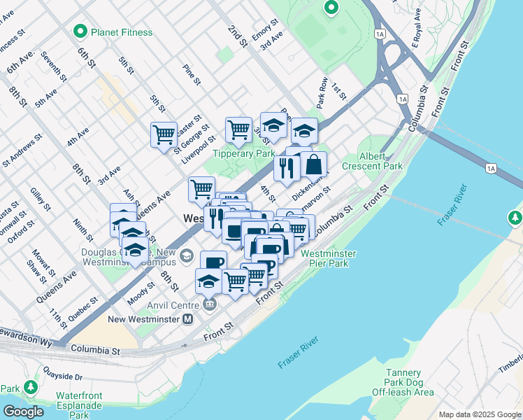 map of restaurants, bars, coffee shops, grocery stores, and more near Agnes Street in New Westminster