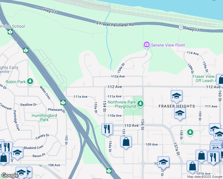 map of restaurants, bars, coffee shops, grocery stores, and more near 15438 112 Avenue in Surrey
