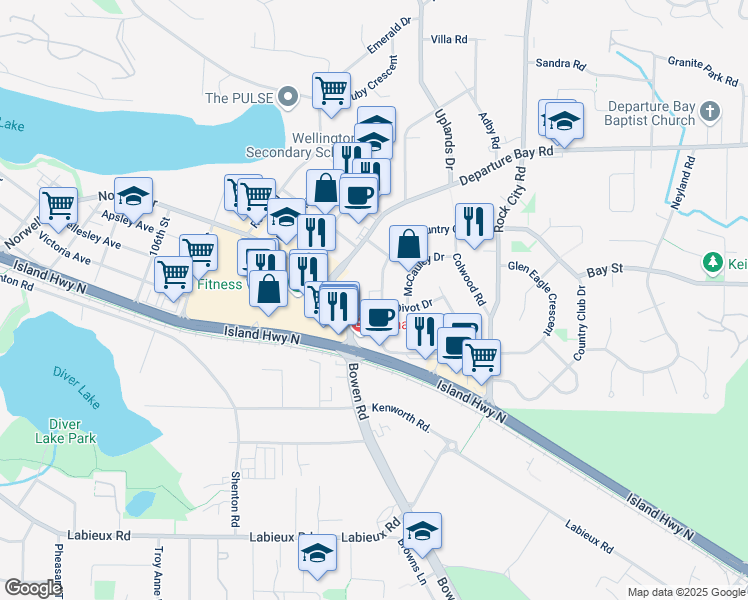 map of restaurants, bars, coffee shops, grocery stores, and more near 3690 Country Club Drive in Nanaimo