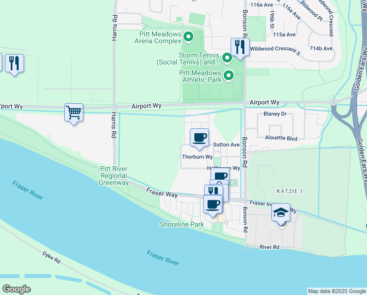 map of restaurants, bars, coffee shops, grocery stores, and more near 19426 Sutton Avenue in Pitt Meadows
