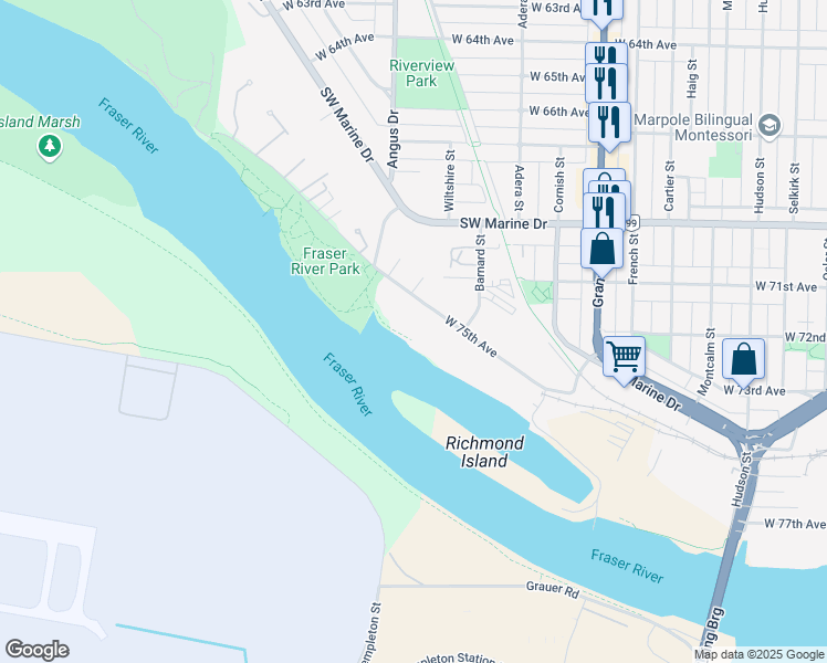 map of restaurants, bars, coffee shops, grocery stores, and more near 1750 W 75 Ave in Vancouver