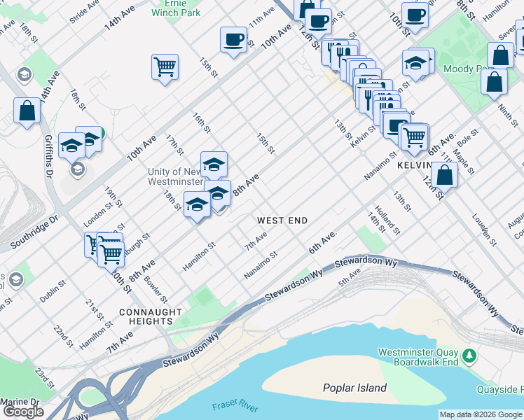 map of restaurants, bars, coffee shops, grocery stores, and more near 1604 Hamilton Street in New Westminster