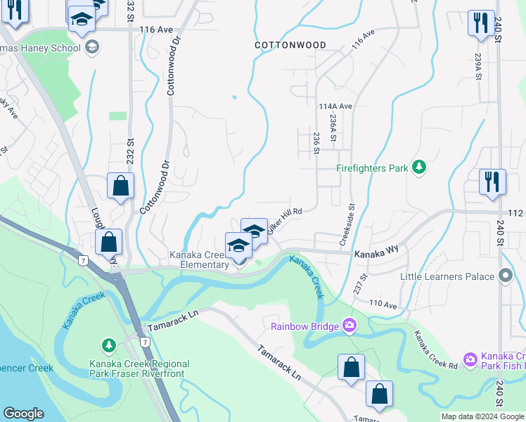 map of restaurants, bars, coffee shops, grocery stores, and more near 11195 Gilker Hill Road in Maple Ridge
