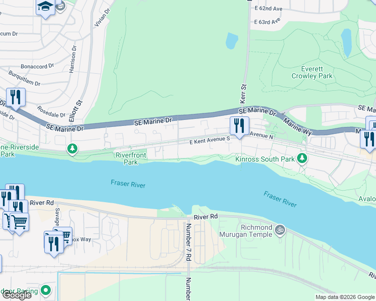 map of restaurants, bars, coffee shops, grocery stores, and more near 2910 East Kent Avenue South in Vancouver