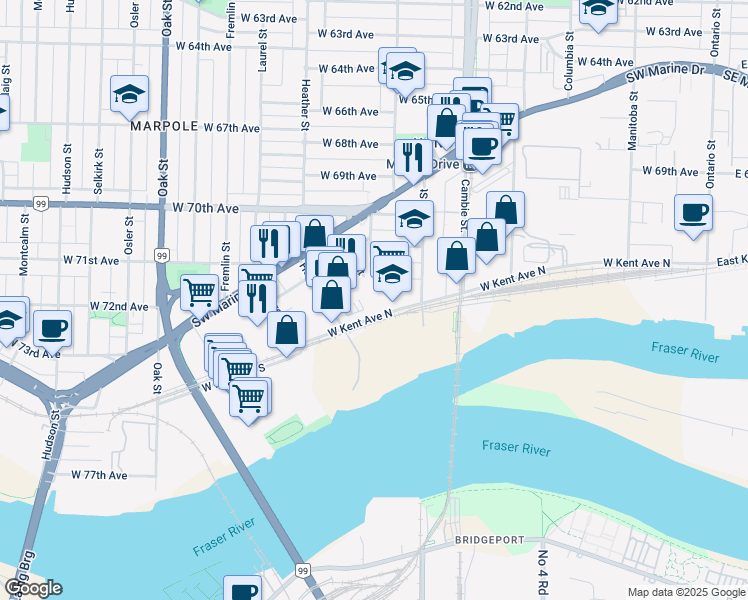 map of restaurants, bars, coffee shops, grocery stores, and more near in Vancouver